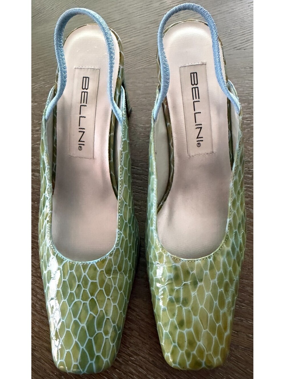 Vintage Bellini Monzo Green Snake Print Patent Slingback Block Heels Size 7.5M